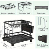 Load image into Gallery viewer, 2 Tier Dish Drying Rack for Kitchen Counter, Dish Drainers for Kitchen Counter with Drainboard, Metal Kitchen Dish Rack with Drain, Kitchen Drying Rack Two Tier, Black Dish Racks