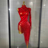 Load image into Gallery viewer, Black Red Women Sexy One Shoulder Shinning Crystal Sequins Tassels Bodycon Mid-calf Dress Nightclub Party Bar Dancer Costumes