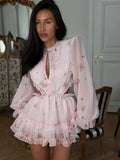 Load image into Gallery viewer, Floral Printed Backless Mini Dress Women Elegant O Neck Long Sleeved Ruffles A-line Dresses Summer Chic Female Holiday Vestido