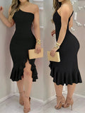 Load image into Gallery viewer, Women's Spring/Autumn Solid Color Elegant and Sexy Vacation Off-Shoulder Cold-Shoulder Backless Ruffle Asymmetrical Hem Low Slit