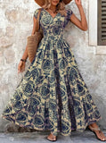 Load image into Gallery viewer, 2026 Vintage Floral Print Dress Elegant V-Neck Short Sleeve Long Women's Fashion Retro Gown