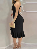 Load image into Gallery viewer, Women's Spring/Autumn Solid Color Elegant and Sexy Vacation Off-Shoulder Cold-Shoulder Backless Ruffle Asymmetrical Hem Low Slit