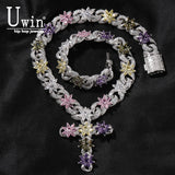 Load image into Gallery viewer, Colorful Flower Cuban Chain Full Paved Iced Out Bling Cubic Zirconia Cross Charms Baguette CZ Cuban Chain HipHop Jewelry