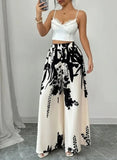Load image into Gallery viewer, Women Black Ink Floral Print Wide Leg Pants Elastic High Waist Silky Satin Palazzo Trousers Summer Vacation Casual Loose Long Pants Beach Bottoms Vestidos
