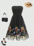 Load image into Gallery viewer, New Elegant Summer Dress for Women Embroidered Mesh Floral Strapless Casual Vintage Party Sleeveless Knee-Length Female Dress