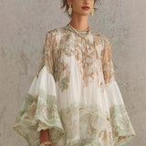 Load image into Gallery viewer, Vintage Floral Print Chiffon Mini Dress Elegant Flare Sleeve Crew Neck Ruffle Loose Beach Dress Irregular Hem Chic Boho Vestidos