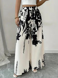 Load image into Gallery viewer, Women Black Ink Floral Print Wide Leg Pants Elastic High Waist Silky Satin Palazzo Trousers Summer Vacation Casual Loose Long Pants Beach Bottoms Vestidos