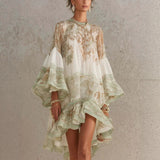 Load image into Gallery viewer, Vintage Floral Print Chiffon Mini Dress Elegant Flare Sleeve Crew Neck Ruffle Loose Beach Dress Irregular Hem Chic Boho Vestidos