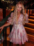Load image into Gallery viewer, Elegant Floral Printed Mini A-line Dress Women Deep V-neck Puff Half Sleeve Waist-cinching Dresses 2026 Lady Party Club Gown