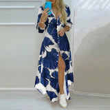 Load image into Gallery viewer, Women Lapel Collar Long Sleeve Leaf Print Button Front Split Maxi Shirt Dress Casual Daily Commuter Cover Up