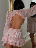 Load image into Gallery viewer, Floral Printed Backless Mini Dress Women Elegant O Neck Long Sleeved Ruffles A-line Dresses Summer Chic Female Holiday Vestido