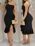 Load image into Gallery viewer, Women's Spring/Autumn Solid Color Elegant and Sexy Vacation Off-Shoulder Cold-Shoulder Backless Ruffle Asymmetrical Hem Low Slit