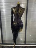 Load image into Gallery viewer, Black Red Women Sexy One Shoulder Shinning Crystal Sequins Tassels Bodycon Mid-calf Dress Nightclub Party Bar Dancer Costumes
