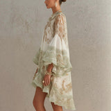 Load image into Gallery viewer, Vintage Floral Print Chiffon Mini Dress Elegant Flare Sleeve Crew Neck Ruffle Loose Beach Dress Irregular Hem Chic Boho Vestidos