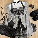 Load image into Gallery viewer, Sweet Lolita Early Autumn Three Piece Set Lace up Ruffles Cardigan Sexy Slim Fit Strapless Vest Tops High Waist Ruched Skirts