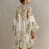Load image into Gallery viewer, Vintage Floral Print Chiffon Mini Dress Elegant Flare Sleeve Crew Neck Ruffle Loose Beach Dress Irregular Hem Chic Boho Vestidos