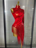 Load image into Gallery viewer, Black Red Women Sexy One Shoulder Shinning Crystal Sequins Tassels Bodycon Mid-calf Dress Nightclub Party Bar Dancer Costumes
