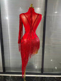 Load image into Gallery viewer, Black Red Women Sexy One Shoulder Shinning Crystal Sequins Tassels Bodycon Mid-calf Dress Nightclub Party Bar Dancer Costumes
