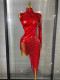 Load image into Gallery viewer, Black Red Women Sexy One Shoulder Shinning Crystal Sequins Tassels Bodycon Mid-calf Dress Nightclub Party Bar Dancer Costumes
