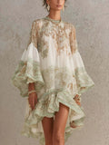 Load image into Gallery viewer, Vintage Floral Print Chiffon Mini Dress Elegant Flare Sleeve Crew Neck Ruffle Loose Beach Dress Irregular Hem Chic Boho Vestidos