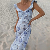 Load image into Gallery viewer, Cryptographic Summer Floral Print Plunge Maxi Dress Outfits Sexy Backless Fairy Sun Dresses Vacation Beachwear Vestido Coquette
